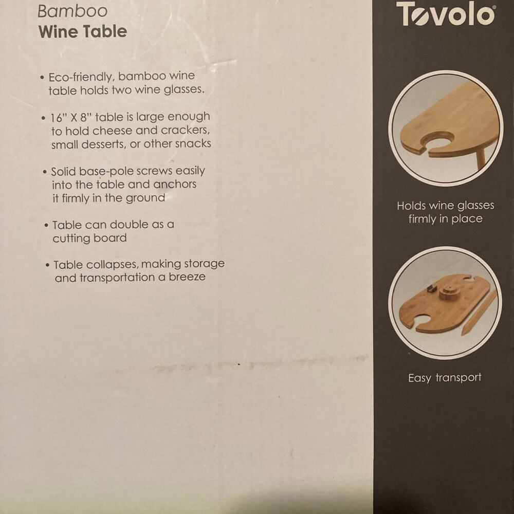 Tovolo Outdoor Wine Holder Bamboo Table, Holds 2 Glasses, Collapsible, Portable - Picture 4 of 4